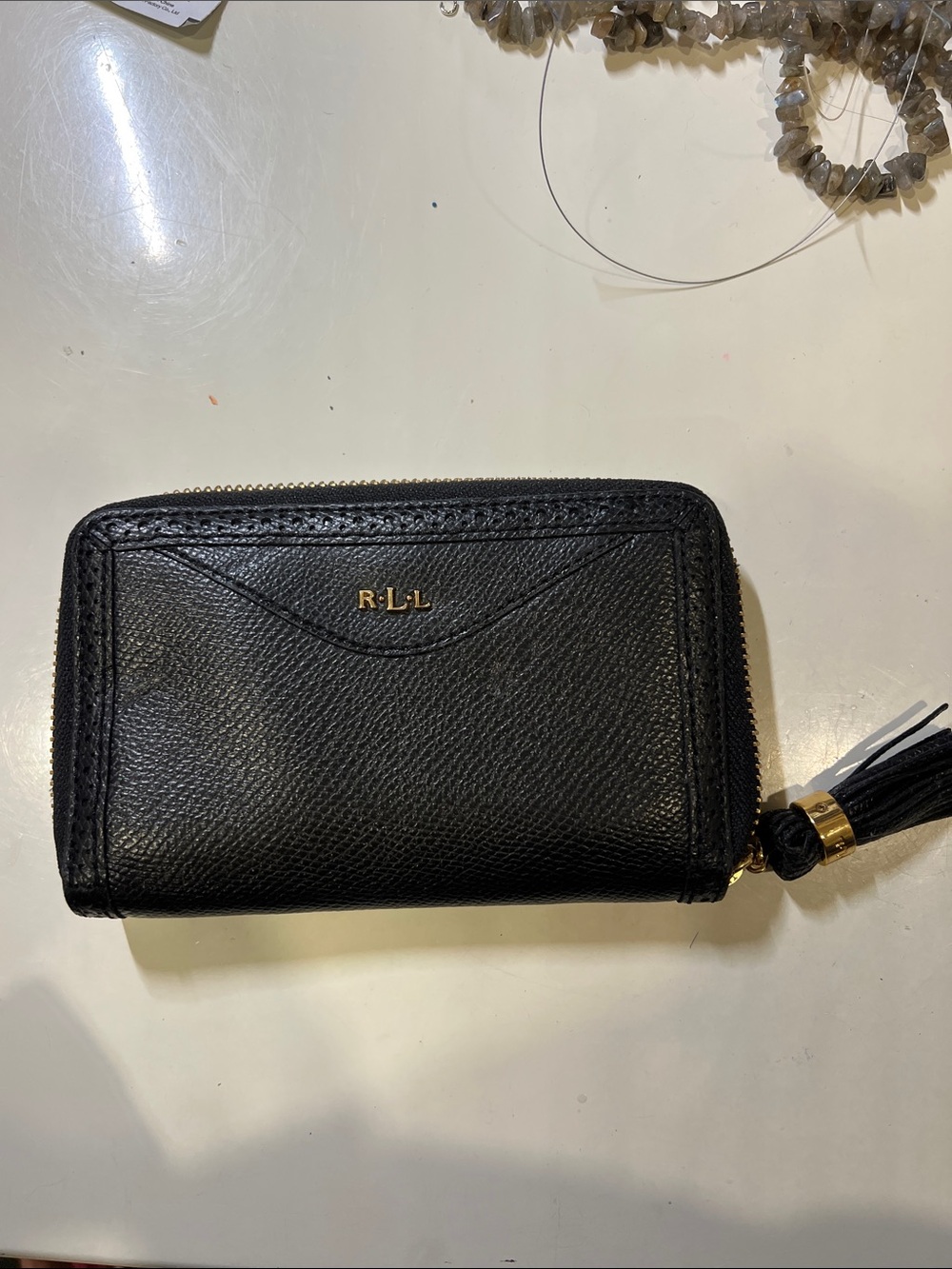Ralph Lauren Black Leather Zip Wallet with Gold Accent